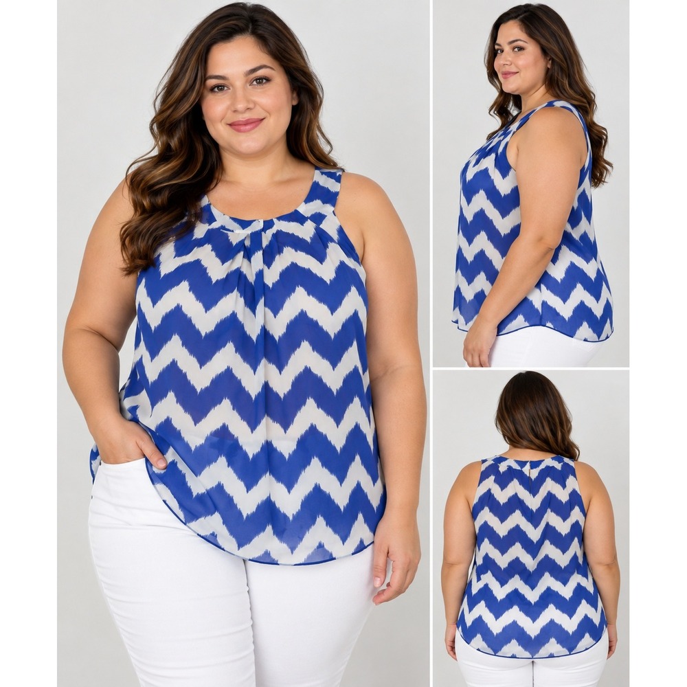 A. Byer Blue White Chevron Ikat Sleeveless Pleated Chiffon Blouse Large